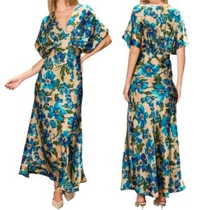 Dress Forum Maxi Satin Formal Gown Size Large Floral Draped Sleeve Blue Tan